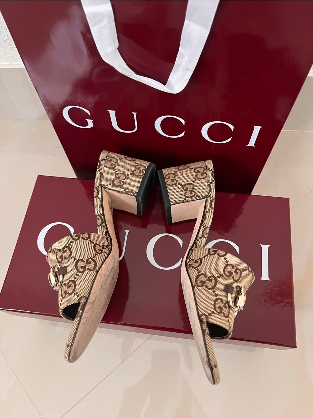 Gucci Tan GG Canvas Horsebit Slide Sandals with Gold Hardware - Picture 9 of 9
